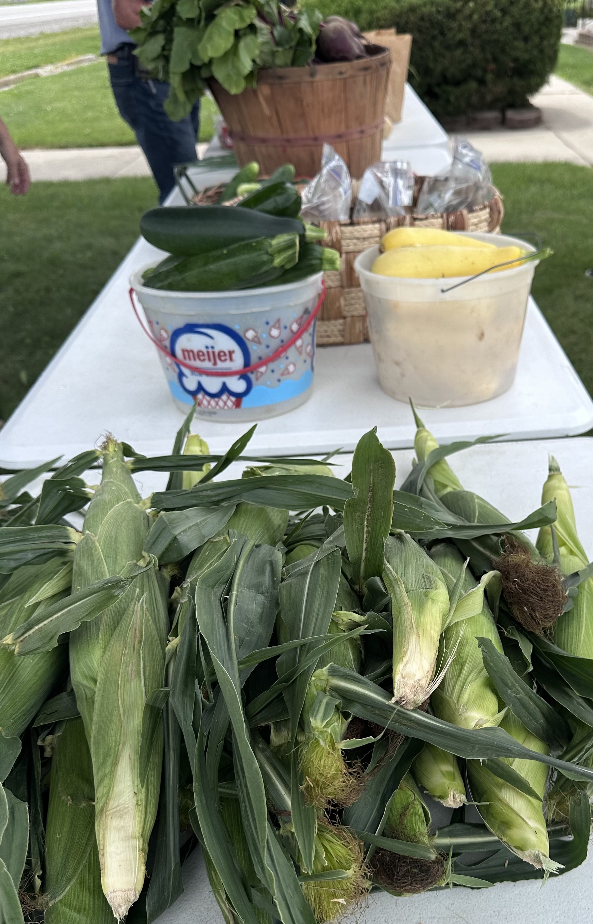 A volunteer standing behind tables of produce and grocery bags