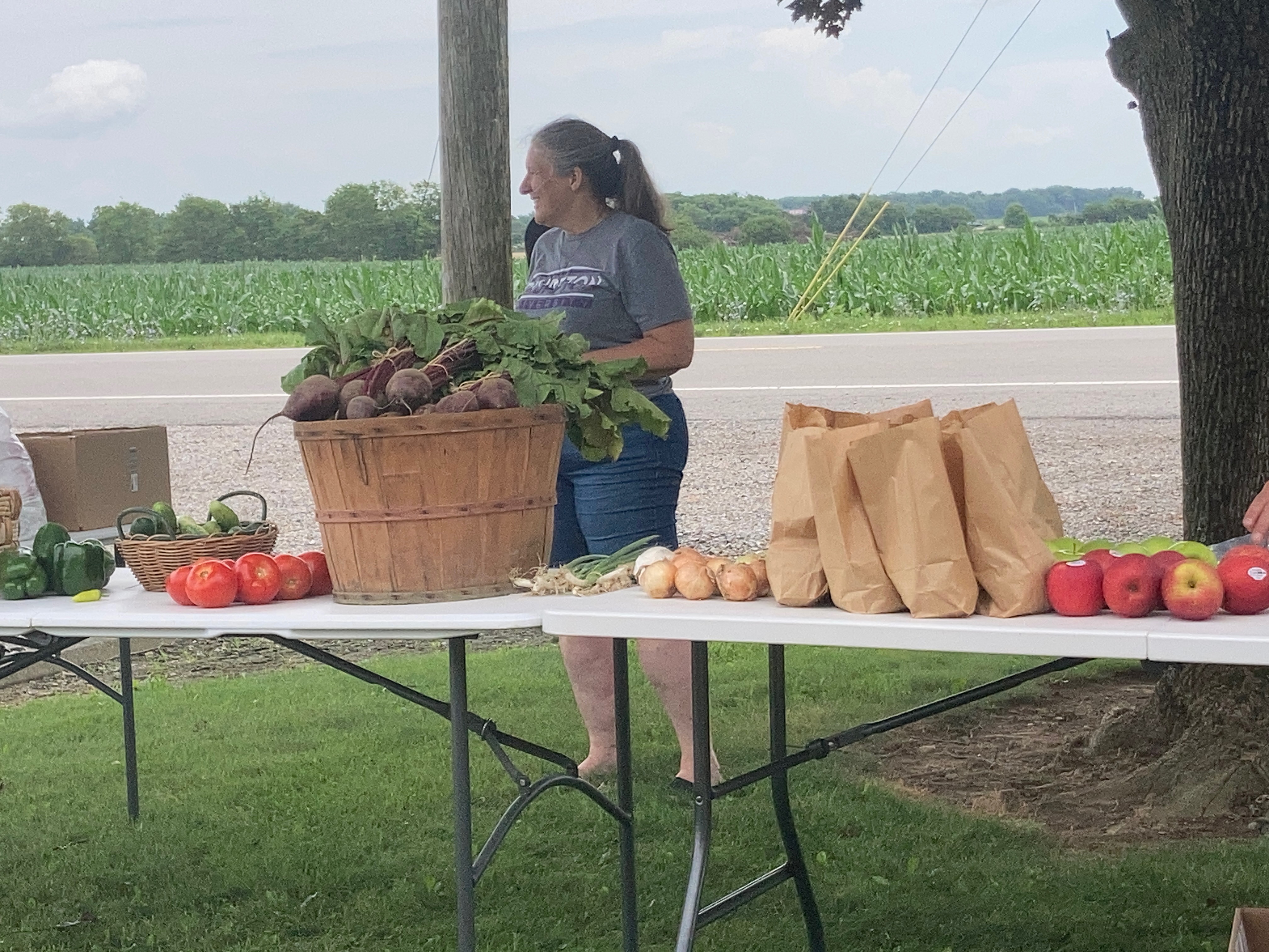 Volunteers and a table filled with fresh produce at the community giveaway